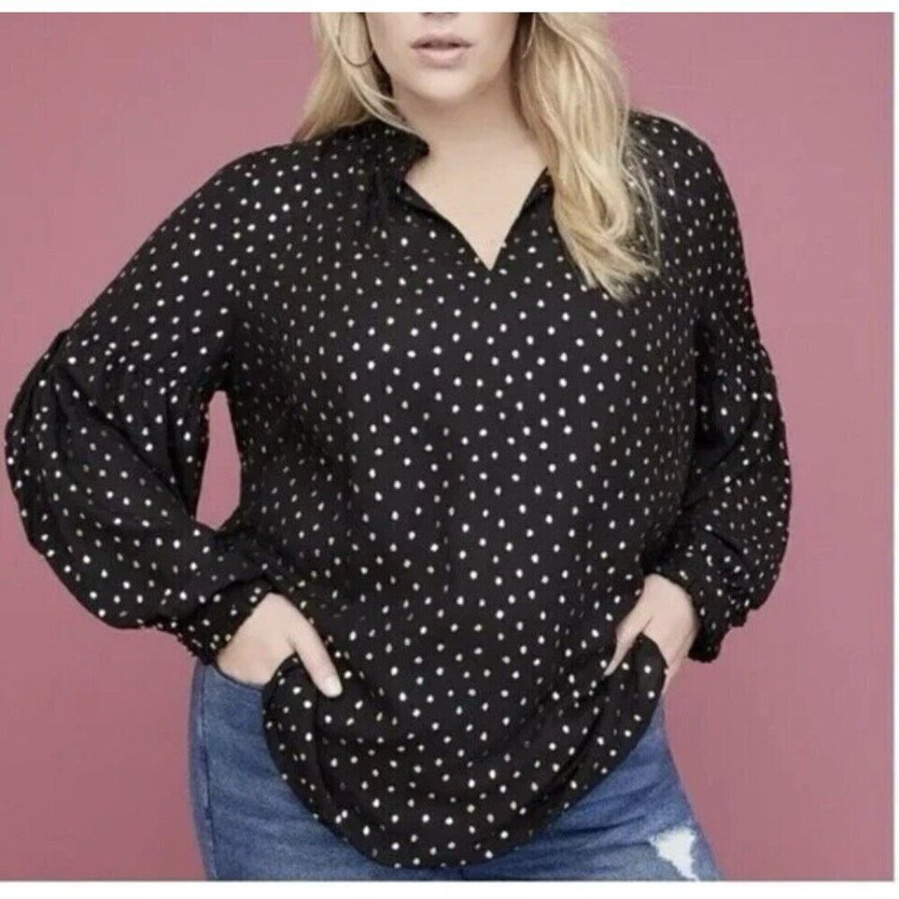 Lane Bryant Blouse Black Gold Polka Dots Pleated Cuff And Neck Lined Plus Sz 16